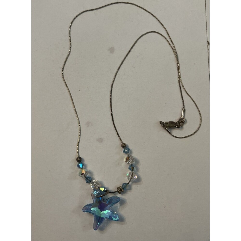 Y2K Beaded Starfish Silver Tone Chain Beaded Austrian Crystal Necklace Blue